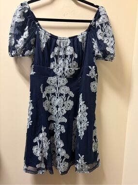 Navy Floral Embroidered Puff-Sleeve Dress